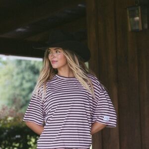 Fancy Striped Oversized Short Sleeve Top/Short Set - Peony/Chocolate